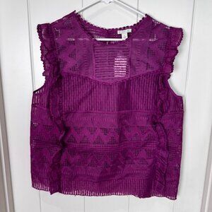 EST. 1946 Purple Lace Sleeveless Top Size L NWT Sheer Zigzag Ruffle Blouse